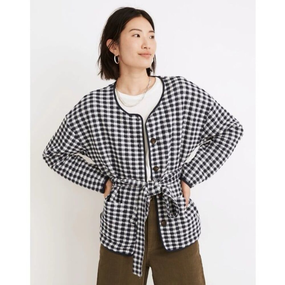 NWT Madewell (Re)sourced Gingham Quilted Tie Jacket in Classic Indigo
